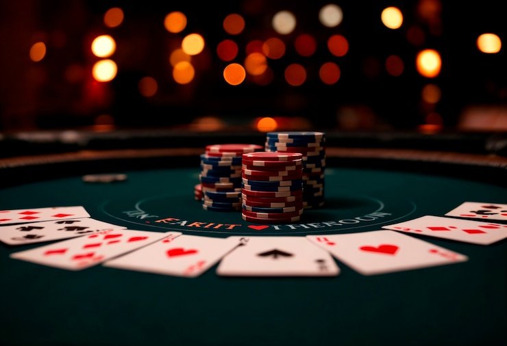 Live dealer managing blackjack table with cards and chips in professional casino setting